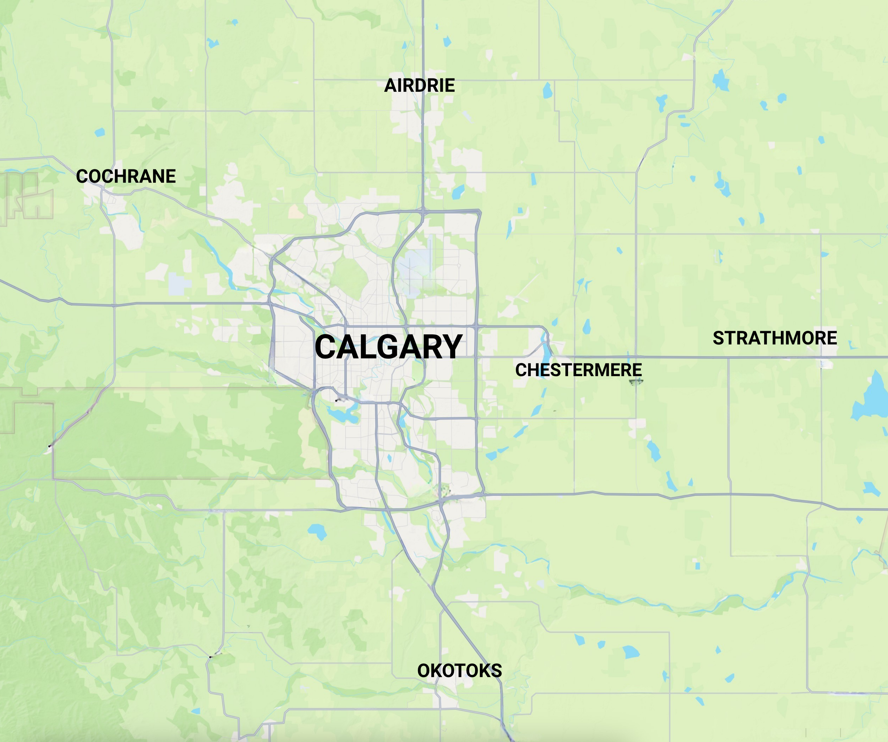 Calgary Map showing Party Entertainers service area in Calgary. Includes Airdrie, Okotoks, Cochrane, Chestermere, Strathmore, High River, Crossfield
