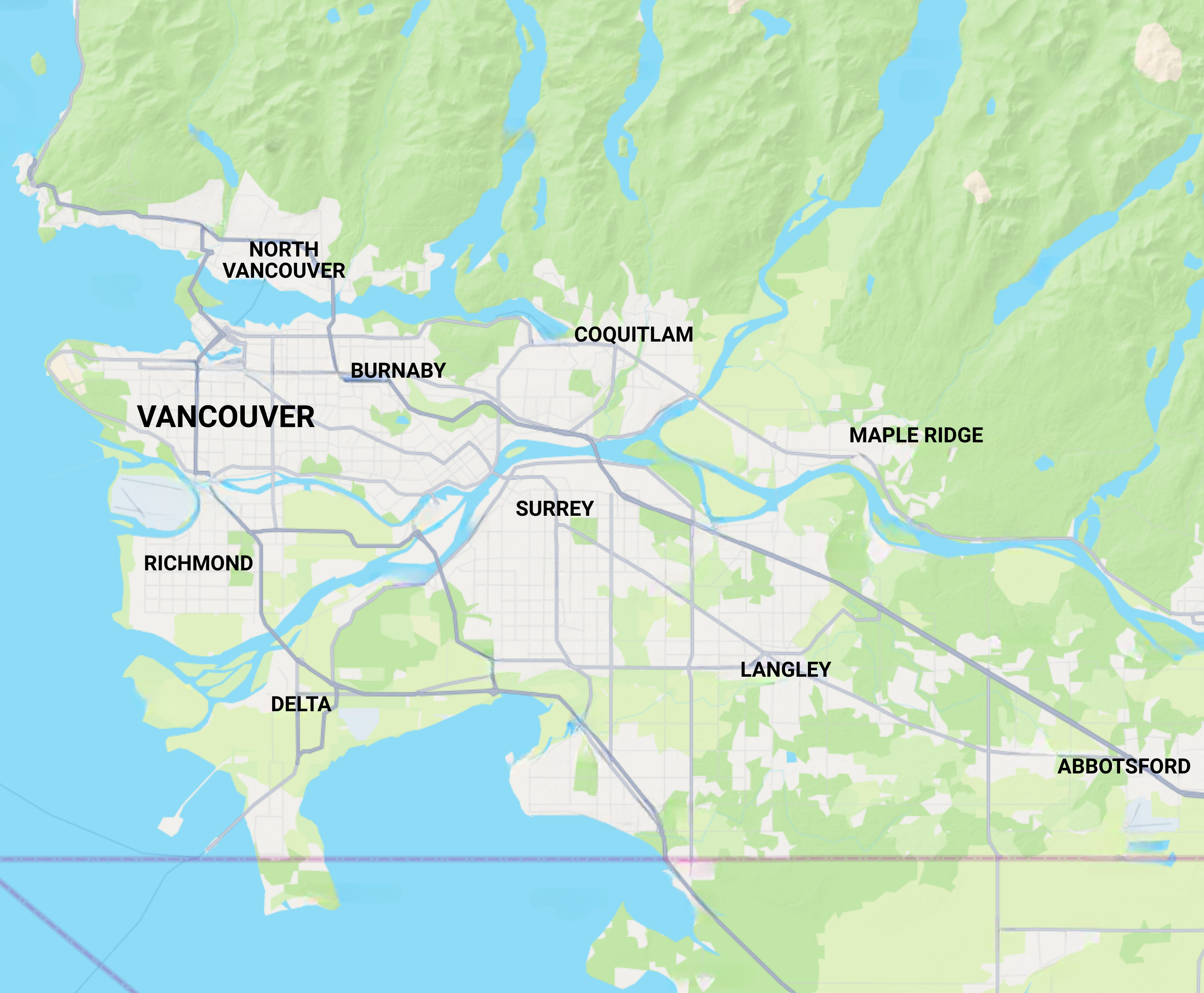 Zoum Zoum Party Greater Vancouver kids party entertainers service area map, Vancouver, North Vancouver, Burnaby, Richmond, Delta, Surrey, Coquitlam, Langley, Maple Ridge, Abbostsford