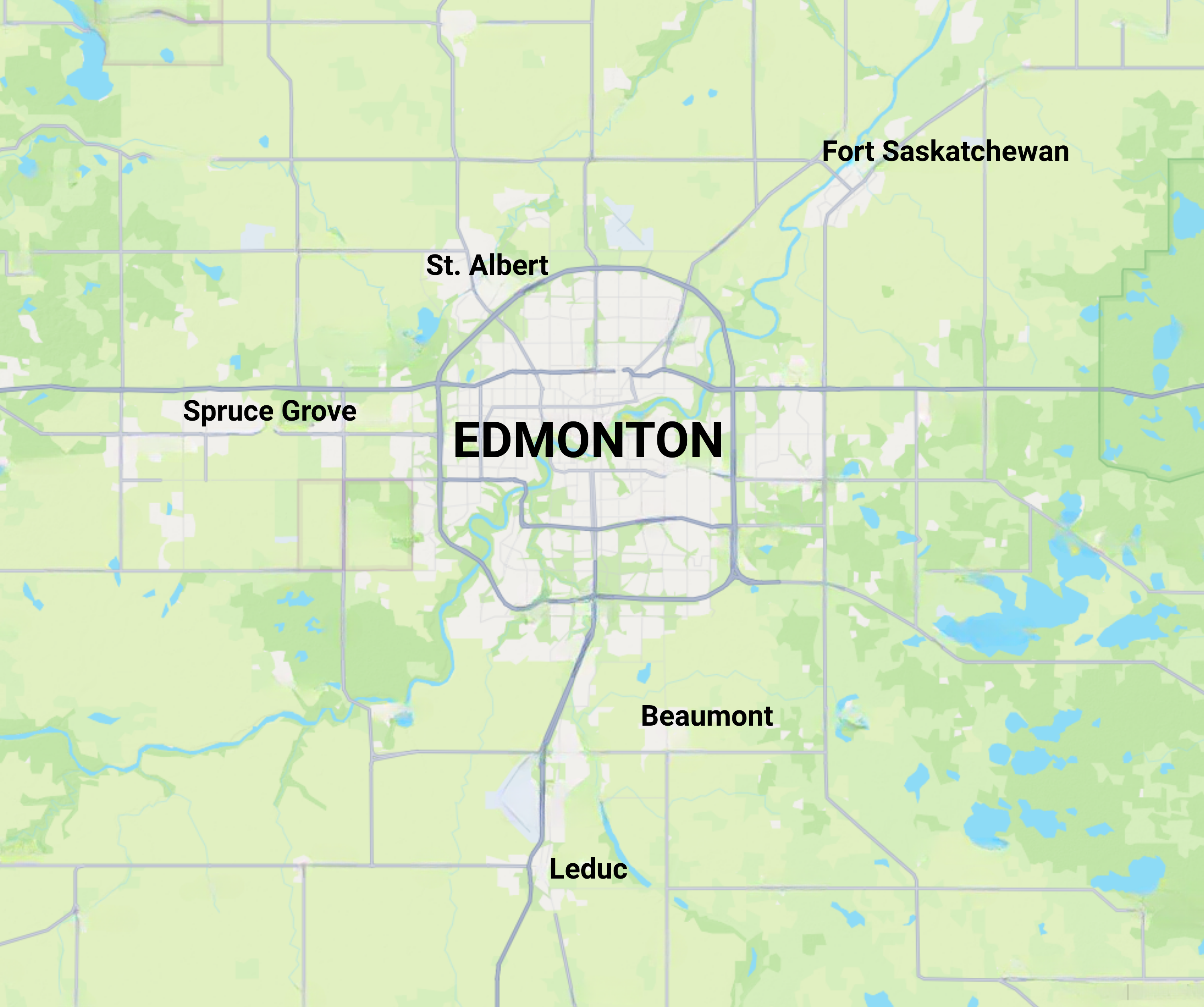 Party Entertainers service map in Edmonton and area. Includes Edmonton, St.Albert, Spruce Grove, Leduc, Beaumont, Fort Saskatchewan